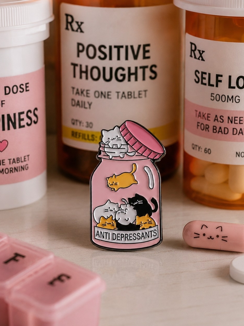 2 for $18 Cute “Anti Depressants” Cat Jar Enamel Pin 🐱 Kawaii Cat Lover Brooch